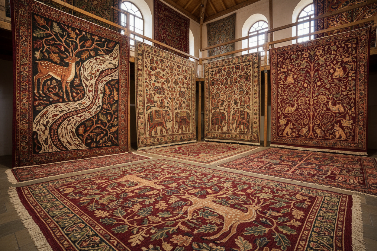 handwoven rugs with animal motifs and wildlife designs